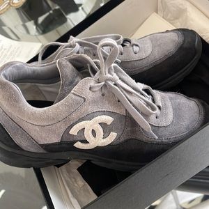 Used Authentic Chanel suede calfskin sneakers gray black size 40